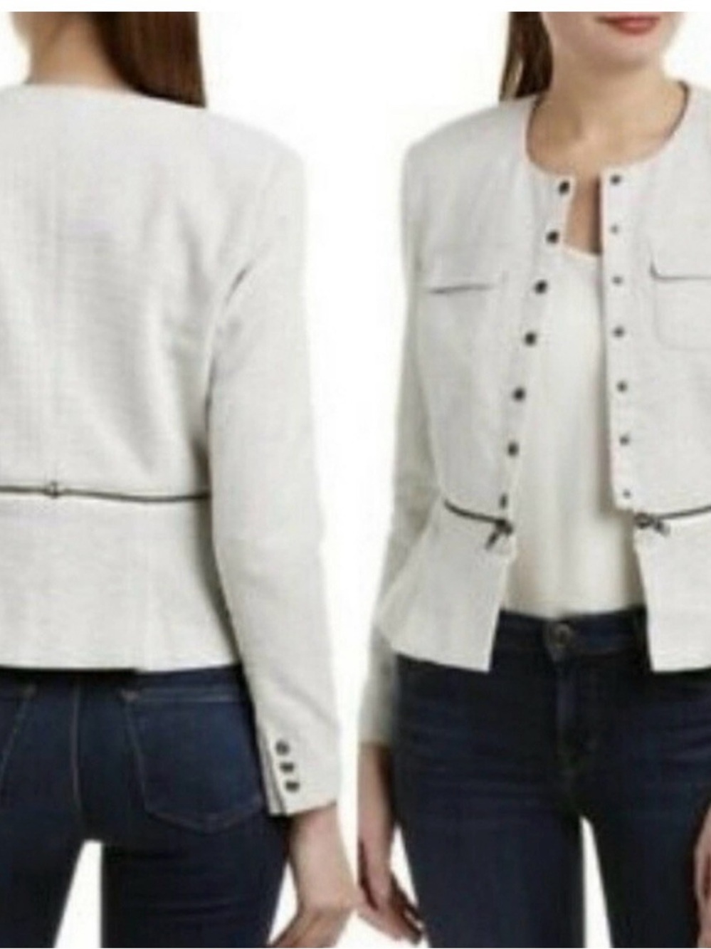 Women's Light Gray Collarless Peplum Zip-Accent Jacket
